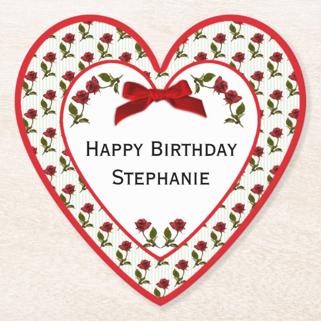 Personalize: Happy Birthday Red Roses Pattern Paper Coaster (Front)