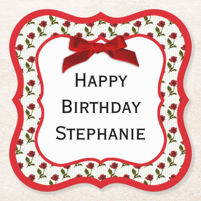 Personalize: Happy Birthday Red Roses Pattern Paper Coaster (Front)