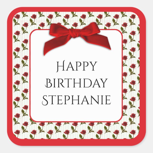 Personalize: Happy Birthday Red Roses Pattern Square Sticker (Front)