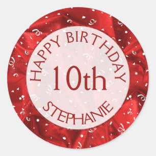 Personalize: "Happy Birthday" Red Textured Fabric Classic Round Sticker
