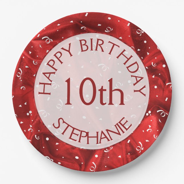 Personalize: "Happy Birthday" Red Textured Paper Plate (Front)