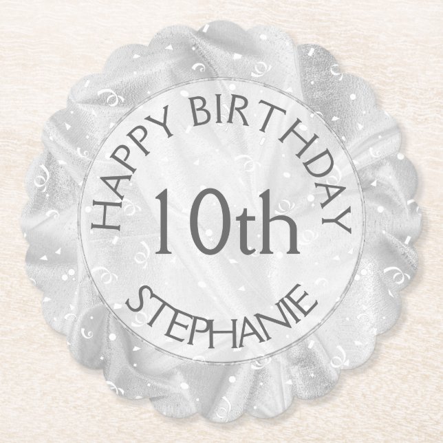 Personalize: "Happy Birthday" Silver Textured Paper Coaster (Front)