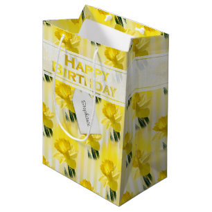 Personalize:  "Happy Birthday" Yellow Daffodils Medium Gift Bag