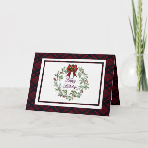 Personalize Happy Holidays Red Plaid  Card