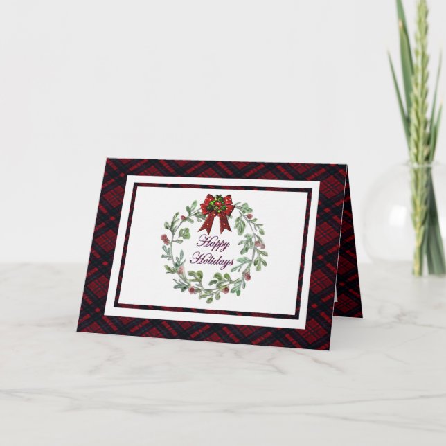 Personalize Happy Holidays Red Plaid  Card (Front)