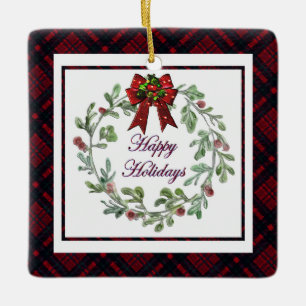 Personalize Happy Holidays Red Plaid Ceramic Ornament