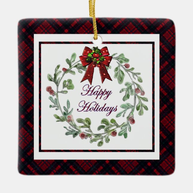 Personalize Happy Holidays Red Plaid Ceramic Ornament (Front)