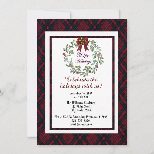 Personalize Happy Holidays Red Plaid Invitation (Front)