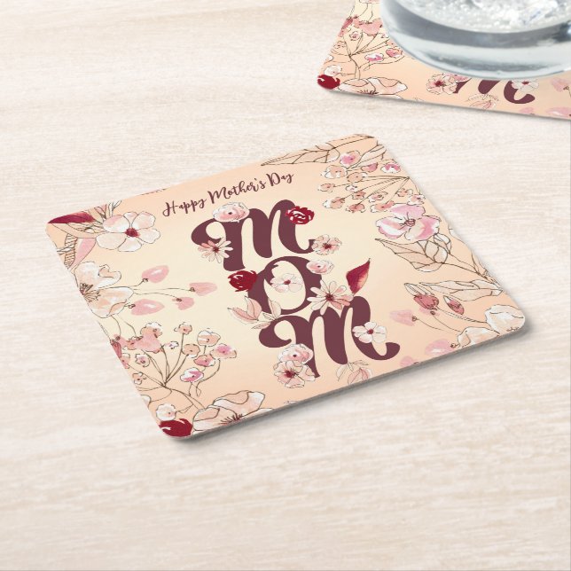 Personalize Happy Mother's Day Mom Square Paper Coaster (Angled)
