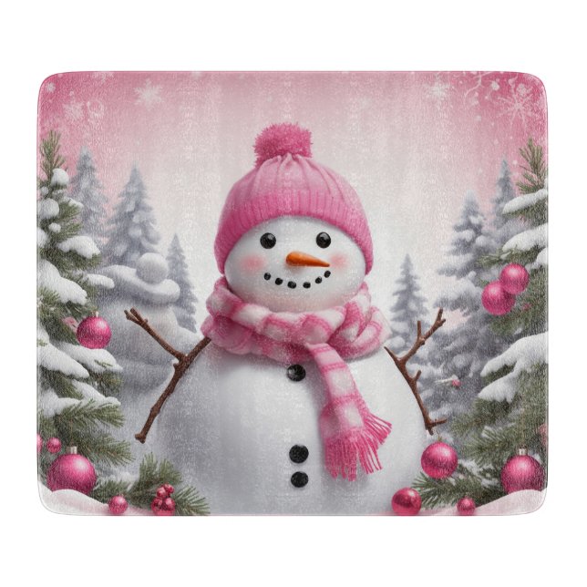 Personalize: Happy Pink Scarf Xmas Snowman Cutting Board (Front)