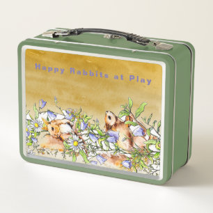 Personalize Happy Rabbits at Play Among Flowers Metal Lunch Box