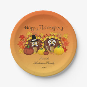 Personalize Happy Thanksgiving Owl Turkey Pilgrims Paper Plate