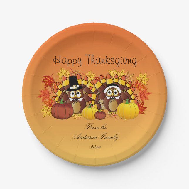 Personalize Happy Thanksgiving Owl Turkey Pilgrims Paper Plate (Front)
