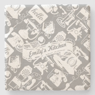 Personalize Hello Grey or Any Colour Retro Phone Stone Coaster