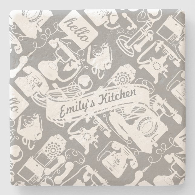 Personalize Hello Grey or Any Colour Retro Phone Stone Coaster (Front)