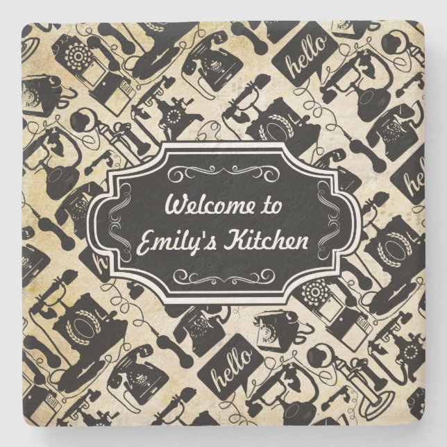 Personalize Hello Welcome to Kitchen Retro Phone Stone Coaster (Front)