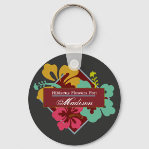Personalize Hibiscus Flowers Blue Pink Orange Keychain