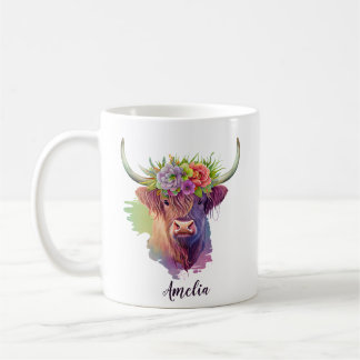 Personalize Highland Cow Flowers Crown Watercolor Coffee Mug