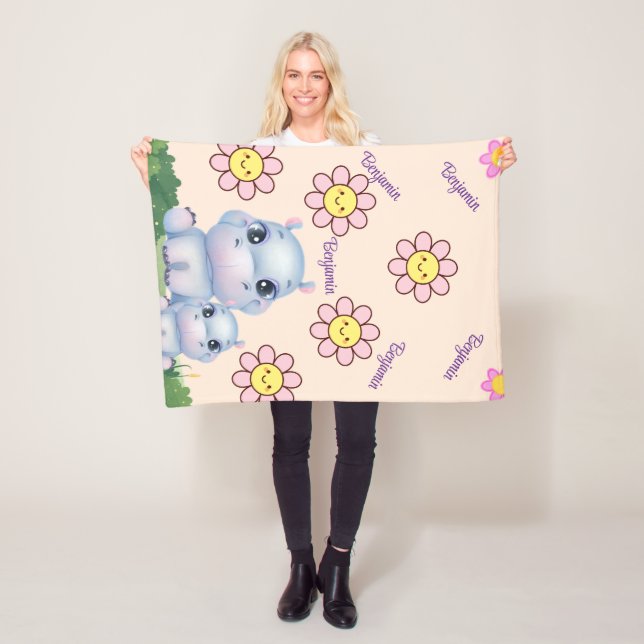 Personalize Hippo Baby Blanket Design With Flower  (In Situ)