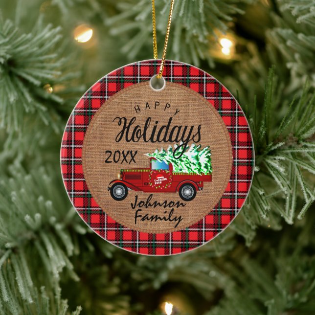 Personalize Holiday Vintage Truck - Christmas Ceramic Ornament (Tree)