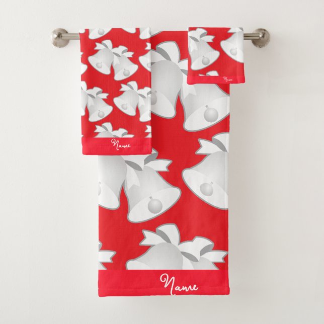 Personalize Holiday Wedding Bells Red  Bath Towel Set (Insitu)