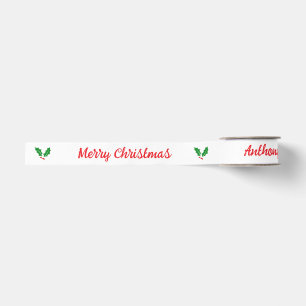 Personalize Holly & Berry White and Red Ribbon Grosgrain Ribbon