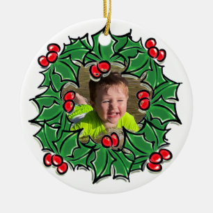 Personalize Holly Leaves berries Christmas wreath  Ceramic Ornament