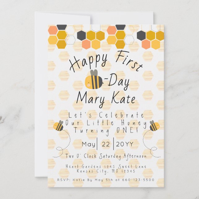Personalize Honey Bee and Flowers First Birthday   Invitation (Front)