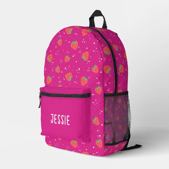 Personalize Hot Pink Strawberry Name Girl  Printed Backpack (Back Corner Right)