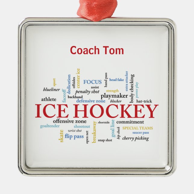 Personalize, Ice Hockey Coach Thank You in Words Metal Ornament (Front)