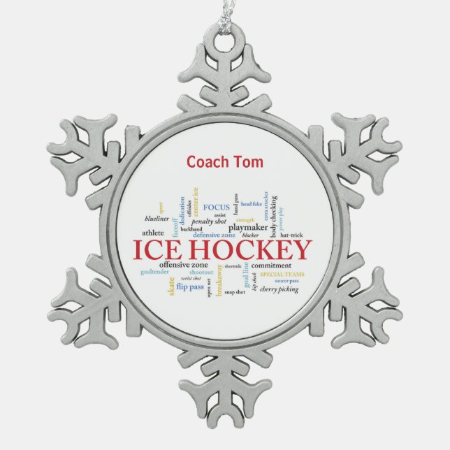 Personalize, Ice Hockey Coach Thank You in Words Snowflake Pewter Christmas Ornament (Front)