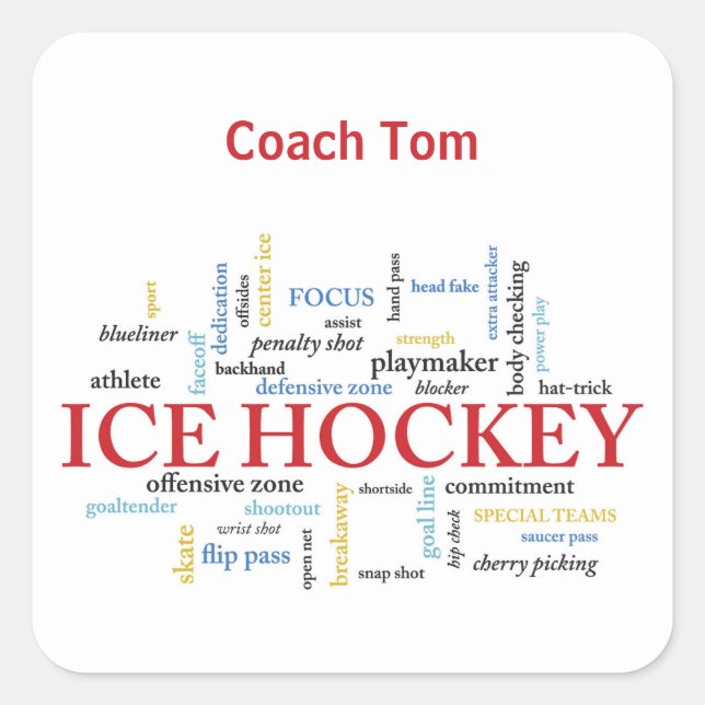 Personalize, Ice Hockey Coach Thank You in Words Square Sticker (Front)