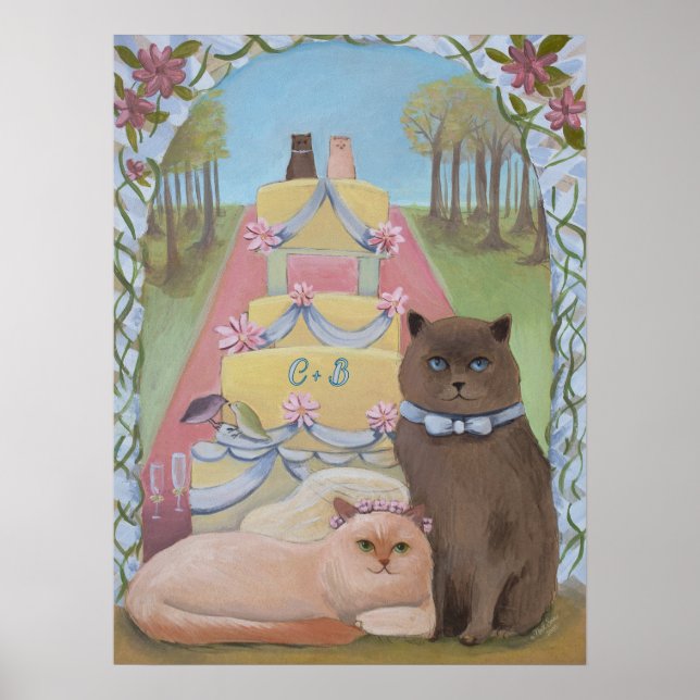 Personalize Initials Wedding Bride & Groom Cat Poster (Front)