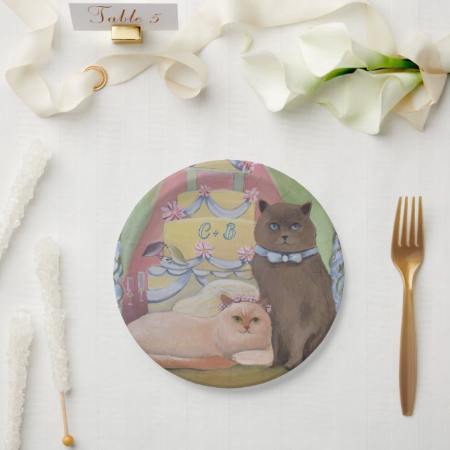 Personalize Initials Wedding Cats Paper Plate (Wedding)
