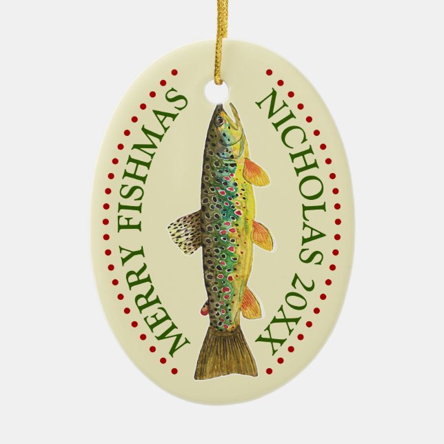 Personalize It! Brown Trout Fishing Ceramic Ornament (Front)