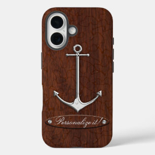 Personalize it! Wet Nautical Mahogany Anchor Steel iPhone 16 Case