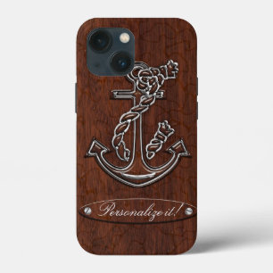Personalize it! Wet Nautical Mahogany Anchor Steel iPhone 13 Mini Case