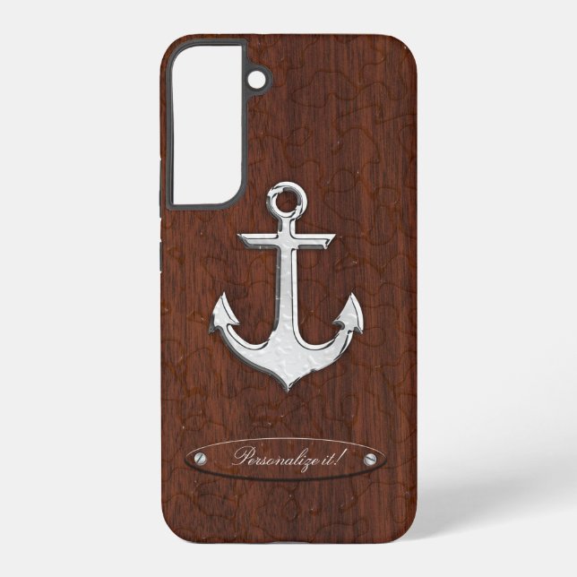Personalize it! Wet Nautical Mahogany Anchor Steel Samsung Galaxy S22+ Case (Back)