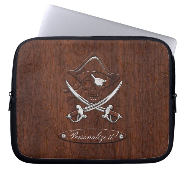 Personalize it! Wet Nautical Mahogany Pirate Skull Laptop Sleeve (Front)