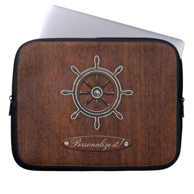Personalize it! Wet Nautical Mahogany Wheel Laptop Sleeve (Front)