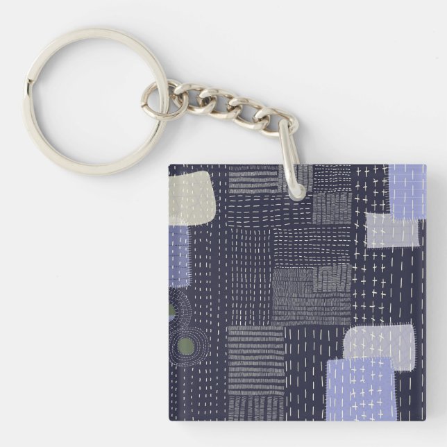 Personalize Japanese sashiko resembling pattern Keychain (Front)