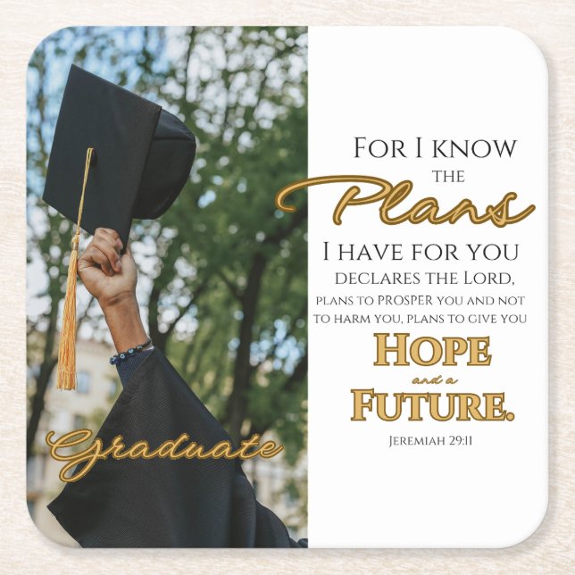 Personalize Jeremiah 29:11 Grad Cap Scripture Square Paper Coaster (Front)