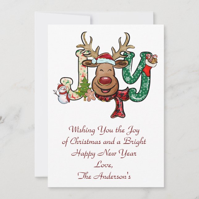 Personalize Joy Reindeer Holiday Christmas Card (Front)