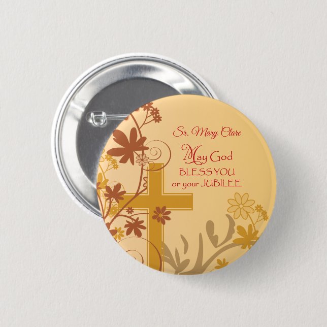 Personalize, Jubilee Anniversary Nun Cross, Swirls 2 Inch Round Button (Front & Back)