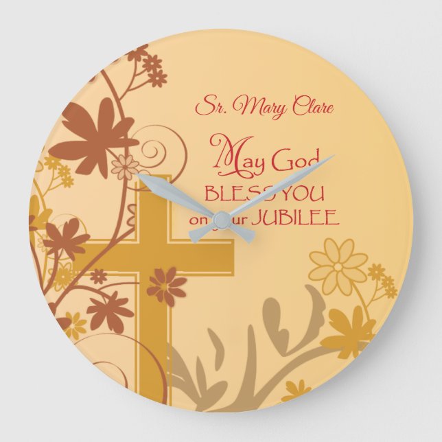 Personalize, Jubilee Anniversary Nun Cross, Swirls Large Clock (Front)