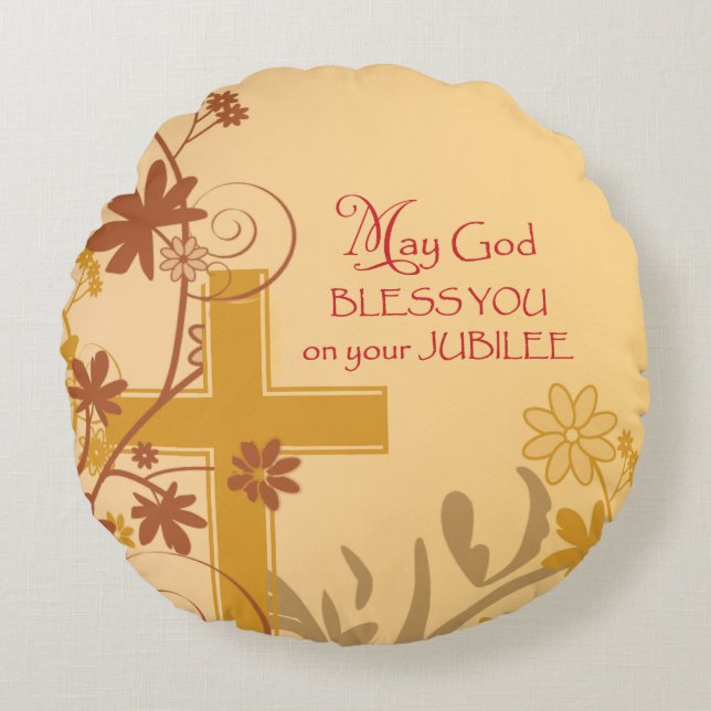 Personalize, Jubilee Anniversary Nun Cross, Swirls Round Pillow (Front)