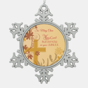 Personalize, Jubilee Anniversary Nun Cross, Swirls Snowflake Pewter Christmas Ornament