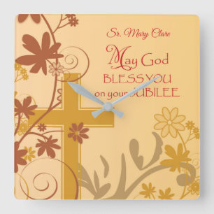 Personalize, Jubilee Anniversary Nun Cross, Swirls Square Wall Clock