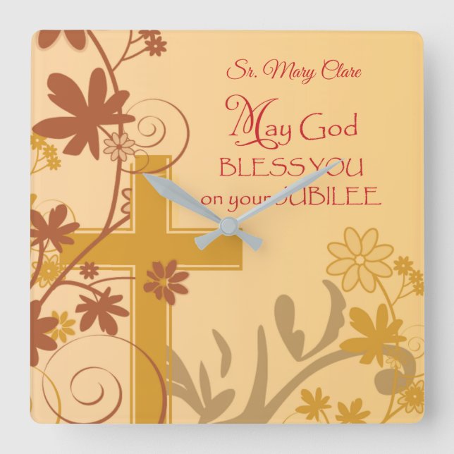 Personalize, Jubilee Anniversary Nun Cross, Swirls Square Wall Clock (Front)