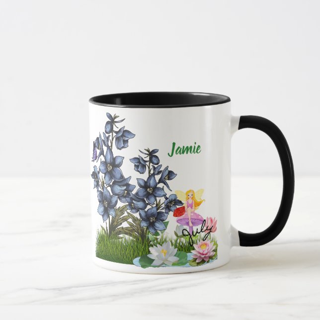 Personalize July Birth Flowers & Stone Mug (Right)